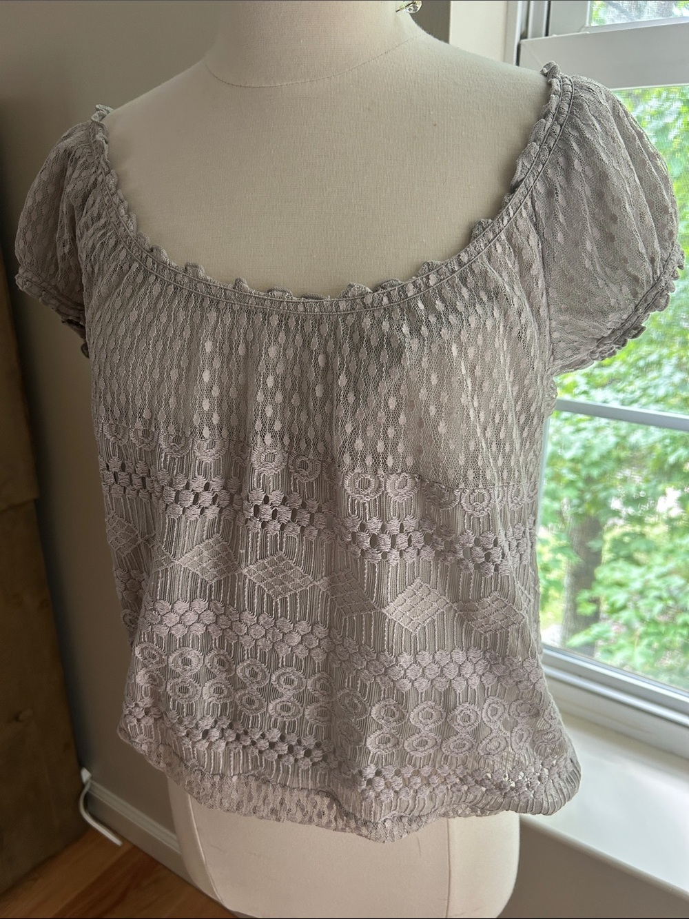 Max Studio Light Taupe Crochet Lace Short Sleeve Top
